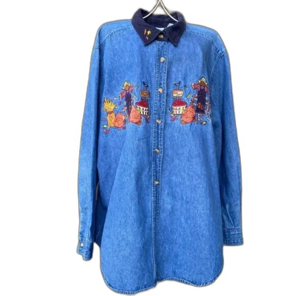 Vintage Bobbie Brooks Denim Corduroy Embroidered Fall Long Sleeve Button Shirt L - Picture 1 of 6